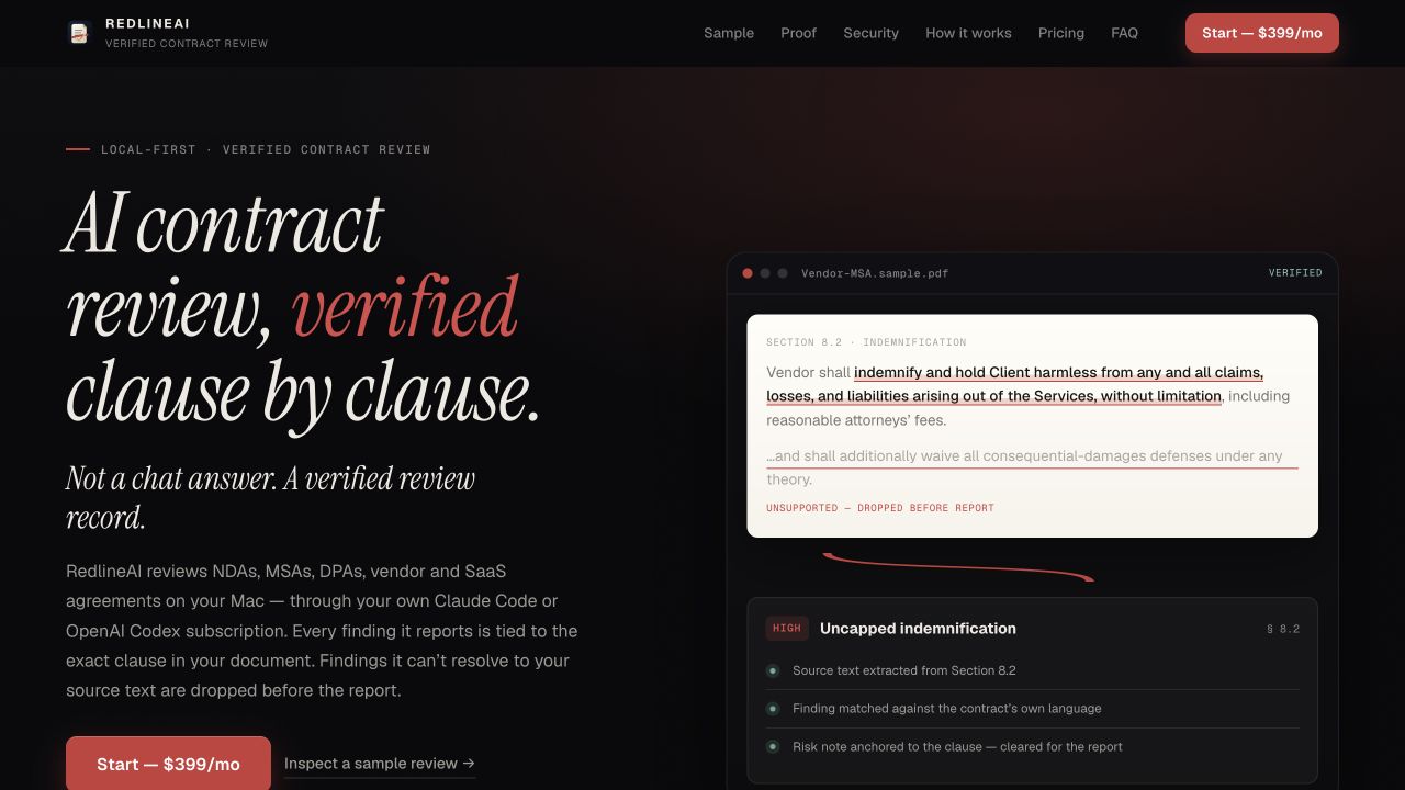 The live RedlineAI website showing clause-by-clause verified contract review