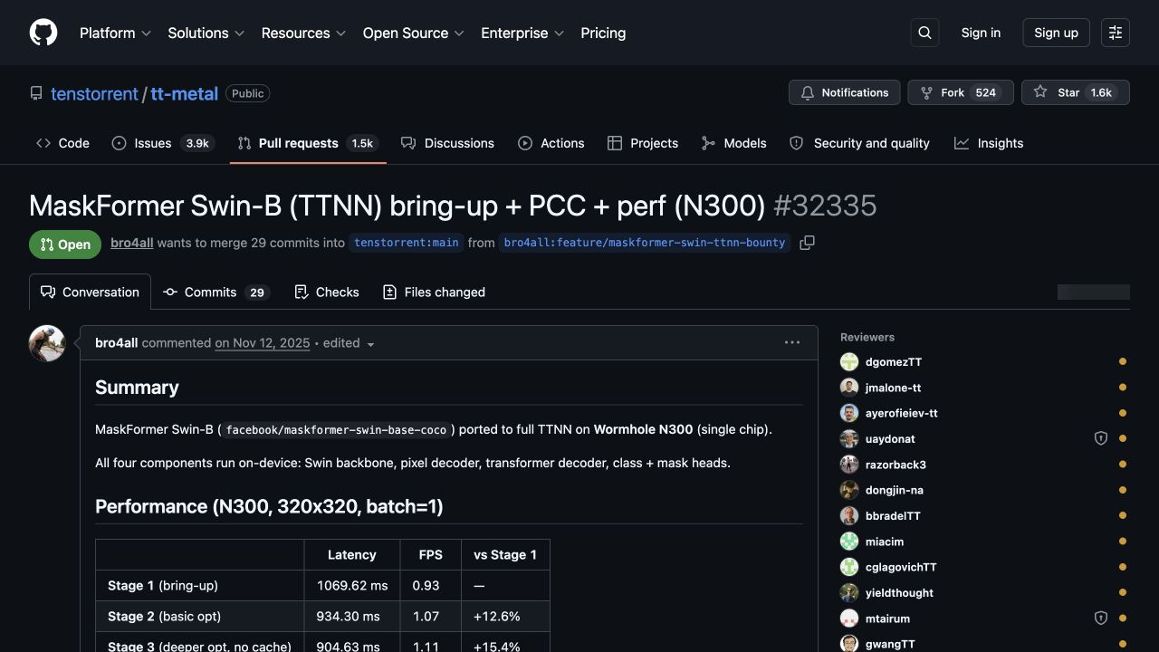 Omar's public Tenstorrent TT-Metal pull request for a MaskFormer TTNN bring-up